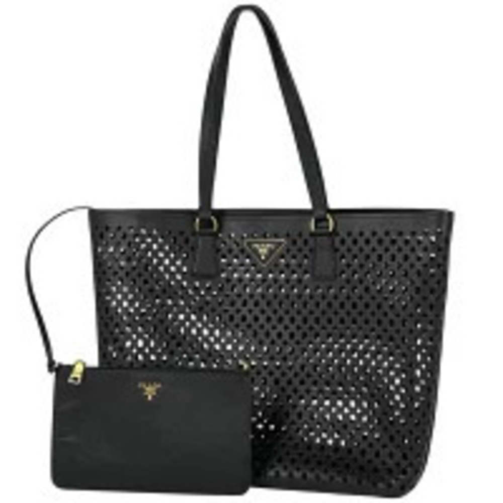 Prada Plate Tote Bag Perforated Handbag Leather Nero Black